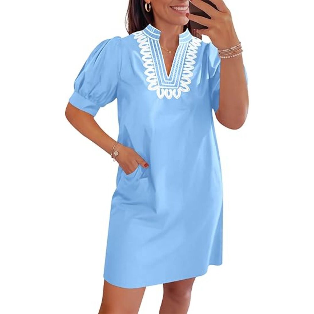 Women's Sky Blue V Neck A Line Short Sleeve A Line Embroidered Boho Short Dress
